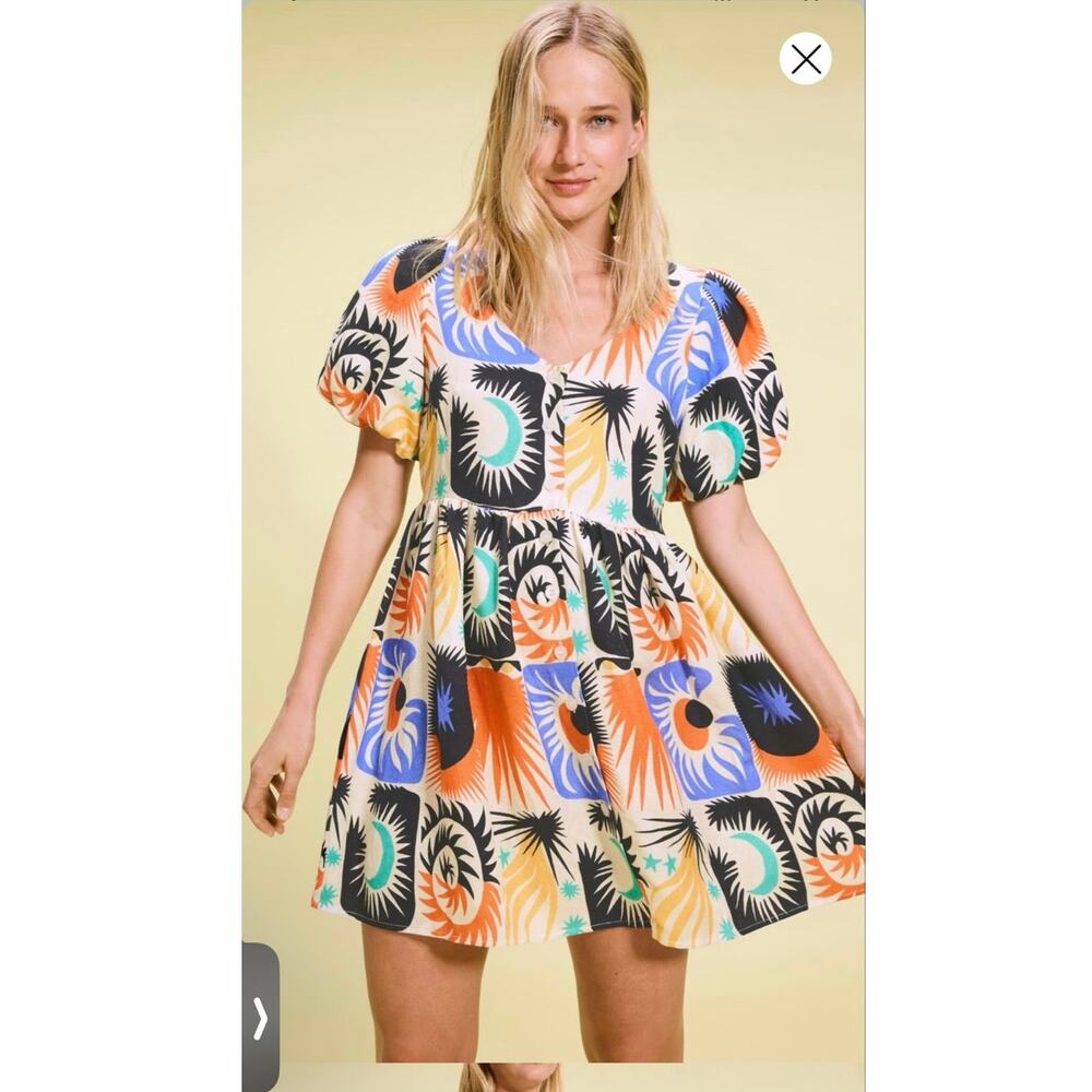 UNTITLED IN MOTION Multicolored Abstract Stars Moon Front Button Mini Dress XS